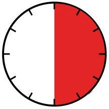 Diagram kołowy podzielony pionowo na dwie części: lewa połowa biała, prawa połowa intensywnie czerwona.