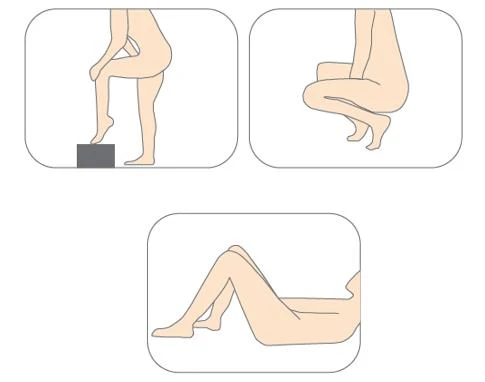 Tres diagramas muestran a una persona en diferentes posiciones: de pie con una pierna sobre una elevación, agachada y sentada en el suelo con las piernas dobladas