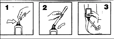 Tre illustrazioni numerate mostrano come inserire un dispositivo in un flacone, ruotarlo e applicarlo sulla pelle della coscia