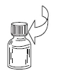 Disegno lineare di un flaconcino di vetro con tappo a vite e una freccia curva che indica un movimento rotatorio verso il basso