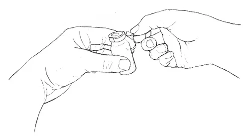 Disegno a tratto di due mani che tengono e manipolano un piccolo contenitore cilindrico o un dispositivo medico per l'apertura o l'uso