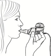 Disegno lineare di una donna di profilo che tiene con la mano un dispositivo medico a forma di inalatore vicino alla bocca per l'uso