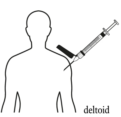 Schematic drawing of a human torso with a syringe inserting the