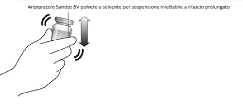 Drawing of a hand shaking vertically a vial of Aripiprazolo Sandoz BV with arrows indicating up and down movement