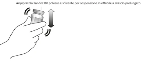 Illustration of a hand shaking vertically a medication vial between two black arrows indicating shaking motion