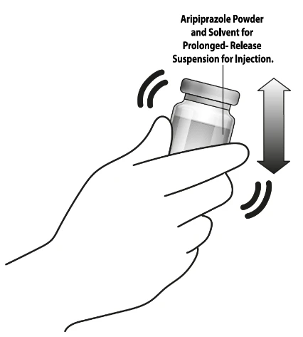 A hand holding a vial of powder and solvent for injectable suspension of aripiprazole, shaking the container vertically between two arrows
