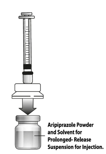 Syringe with plunger ready to be inserted into a glass vial containing powder and solvent for injectable suspension
