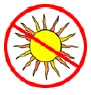 Prohibition symbol with a red circle and diagonal bar over a yellow sun with orange rays on a white background