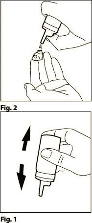 Technical drawing showing two steps: a hand pressing a bottle onto a cap and the