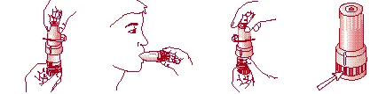 Disegno tecnico che mostra quattro fasi per l'uso di un inalatore: inserimento in bocca, pressione, estrazione e dispositivo isolato