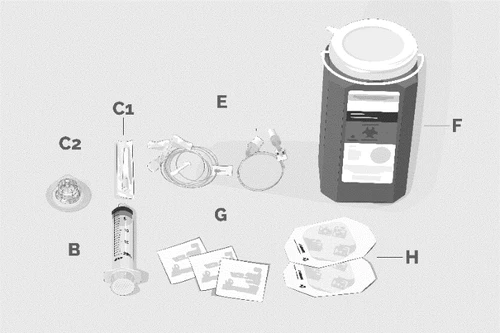 Medical components labeled: syringe B, vial C1, disk C2, tubing E, bottle F, leaflets H, and small white squares on a light gray background