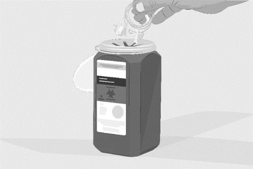 A hand holds a transparent medical device above a dark bottle with a white label for the