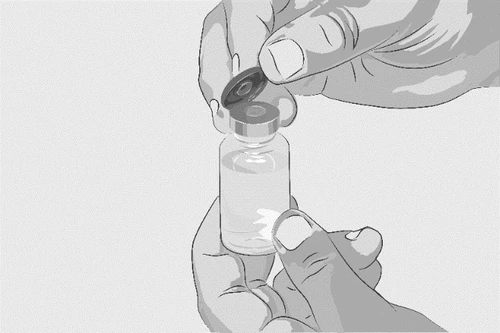 Two hands hold a transparent glass vial containing liquid while one hand removes the upper metal cap with the fingers