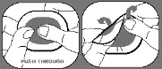 Two illustrations show hands pressing down and then lifting a medical disc labeled PUSH THROUGH to demonstrate activation