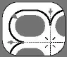 Technical diagram with dashed lines and arrows indicating direction of movement and intersection points on a gray curved shape
