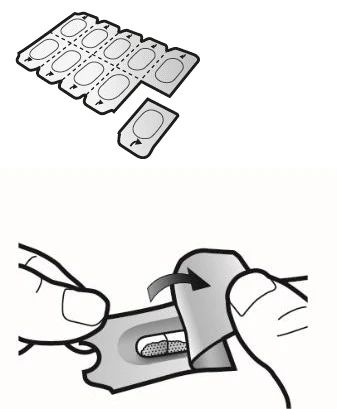 Disegno tecnico di un blister di compresse con una singola dose separata e mani che scelgono di staccare la pellicola protettiva superiore