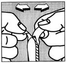 Two hands forcefully separating the two ends of a container or seal, with arrows indicating outward movement