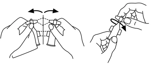 Dibujo técnico que muestra dos manos girando un dispositivo médico horizontal y verticalmente con flechas direccionales negras