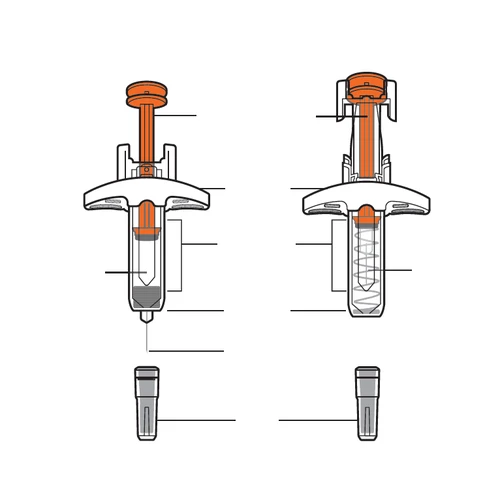 Technical diagram of a medical device with two cross-sectional views showing internal components and external parts of the mechanism