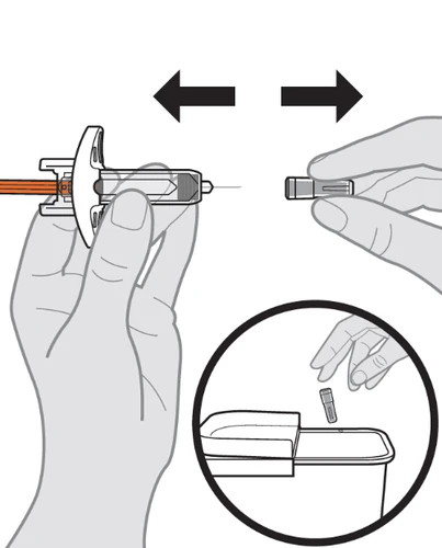 Drawing showing two hands removing a needle cap and a circle depicting a hand disposing of the cap into a medical waste container