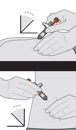 Medical diagram showing two hands holding an injection pen applied to the skin at a 90-degree angle