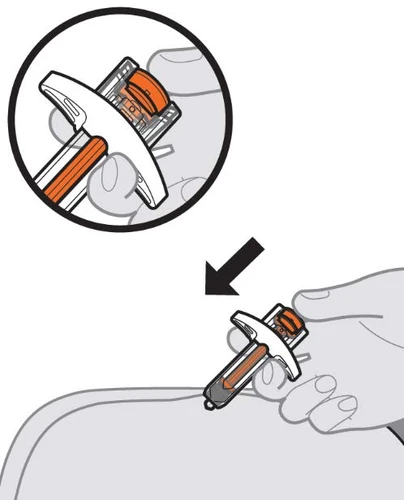 Medical illustration showing a hand holding an auto-injector device applied to the upper thigh with a black arrow indicating direction