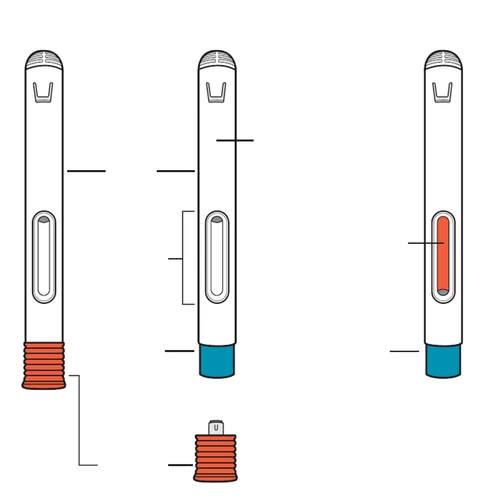 Three vertical diagrams of a medical device with components highlighted by guide lines, an orange section, and a blue or red base