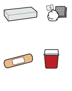 Drawing of a white rectangular box, a cotton ball with gauze, a skin-colored adhesive bandage, and a red container with a white lid