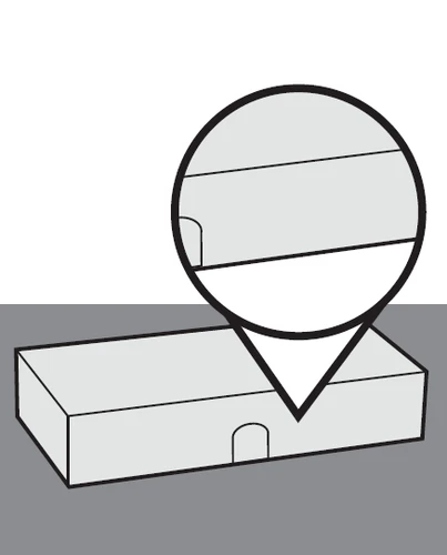 Schematic drawing of a rectangular box with a circular magnification showing a detailed view of the front part of the container