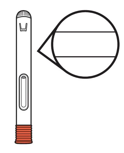 Technical drawing of a pen-shaped medical device with a circular magnification showing a horizontal cross-section of the central body