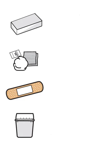 Drawing of a white box, an alcohol-impregnated wipe, a skin-colored adhesive bandage, and a container for medical waste disposal