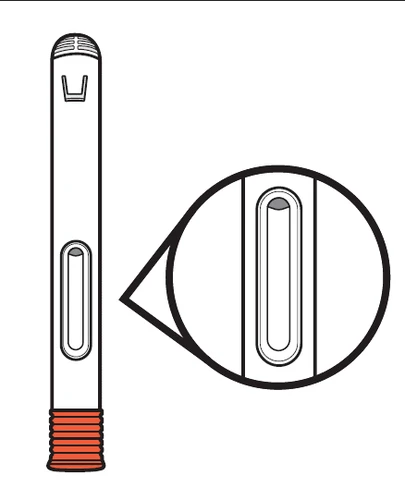 Technical drawing of a cylindrical medical device with an oval viewing window and an orange base with horizontal stripes