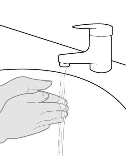 Line drawing of two hands under a running tap with water flowing into a sink for