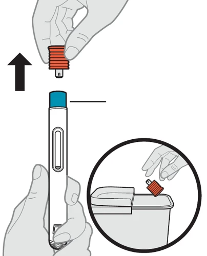 A hand lifts the orange cap from an injection pen, while a circular inset shows disposal of the cap into a medical waste container