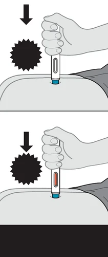 Two illustrations show a hand holding an auto-injector pressed against the skin with a black arrow indicating the direction of pressure