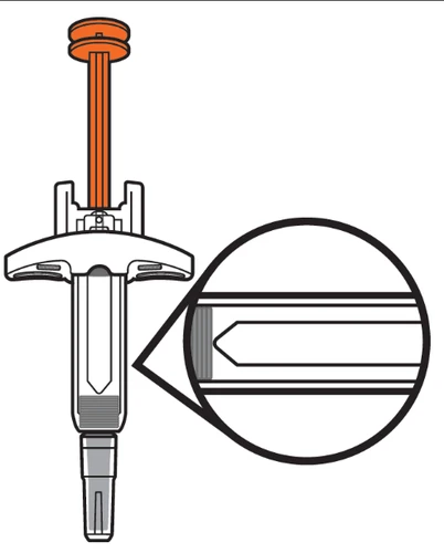 Technical drawing of a pre-filled syringe with an orange plunger and a circular magnification showing a detailed view of the tip