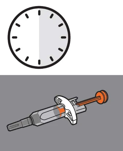 Stylized analog clock icon positioned above a syringe with an orange plunger on a gray and white background