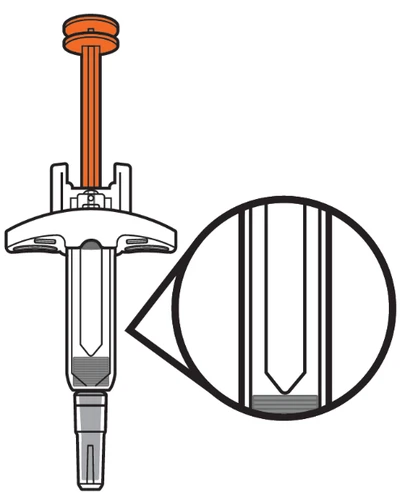 Medical device with an orange plunger and transparent body, with a circular magnification showing a detailed view of the tip