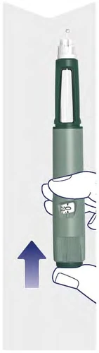 A hand holding a green and gray injector pen with a blue arrow pointing toward the