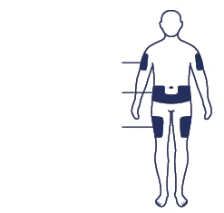 Stylized diagram of a human body viewed from the back, with highlighted areas on arms, lower back, and thighs indicating application sites