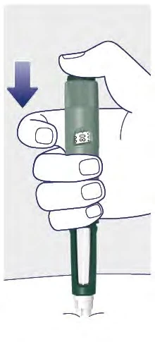 A hand holding a green cylindrical medical device displaying 80, with a blue arrow indicating downward movement