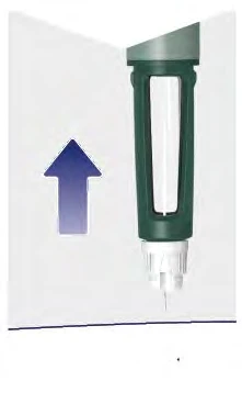Green and white medical device with exposed needle and a blue arrow pointing toward the