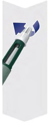 Green and white pen-shaped medical device with a white tip and a blue arrow pointing toward the