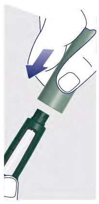 A hand pressing down the upper part of a pen-shaped medical device to attach it to the lower base