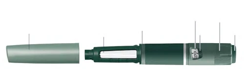 Dark green pen-shaped medical device with a numerical indicator from 0 to 20 and multiple vertical reference lines highlighting its parts