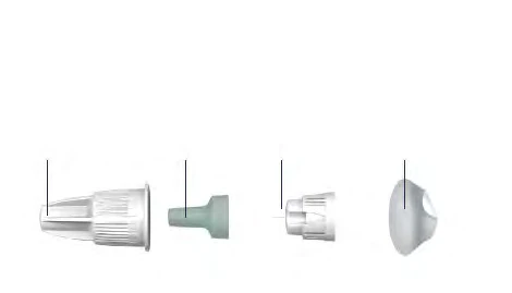 Disassembled components of a medical device including a white cap, a gray connector, a central body, and a rounded base