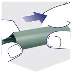 Two hands holding a gray cylindrical device while a blue arrow indicates a rightward sliding movement