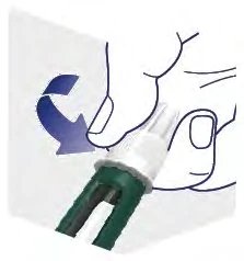 A hand turning the white cap downward on a green-based medical device against a light background, indicated by a curved blue arrow