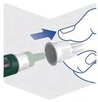 A hand pushing a white cap onto a green and gray medical device, indicated by a blue arrow pointing to the right