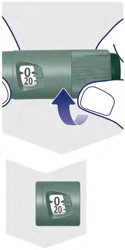 Close-up of a green medical device with a display showing the number 0 above 20 and a blue arrow indicating a rotational movement
